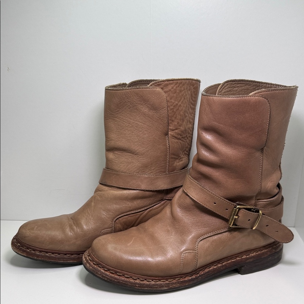 Burberry Tan Leather Biker Mid-Calf Boots Size EU 40/ US 9